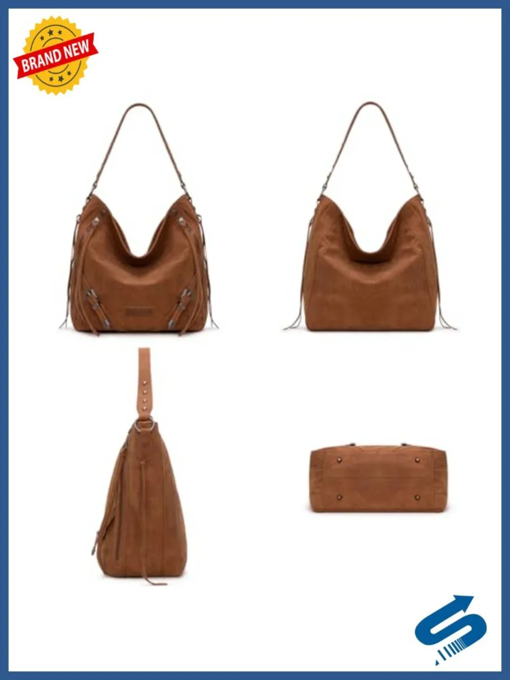 Large Faux Suede Hobo Purse with Fringe and Buckle